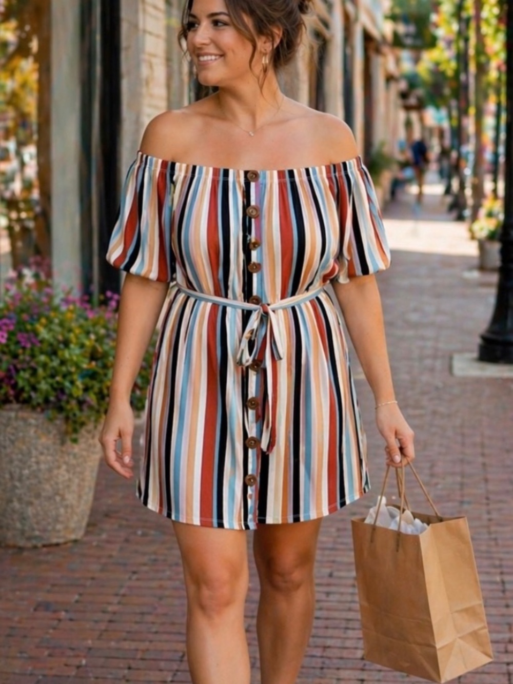 Justify 1X Off Shoulder Striped Dress Boho Tie Waist Button Front